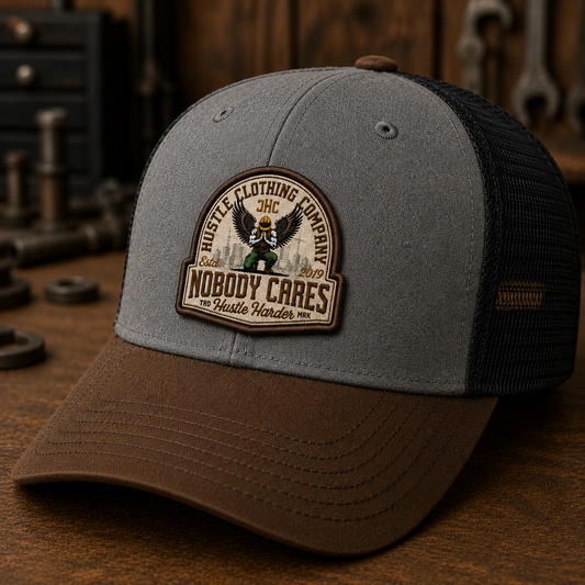 Nobody Cares Hustle Harder hat. Pre order